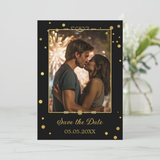 Chique Goud Zwart Confetti Foto Opslaan van de Dat Save The Date (Staand voorkant)