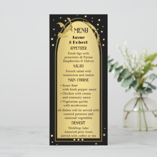 Chique goud zwart deco stijl bruiloft menu (Staand voorkant)