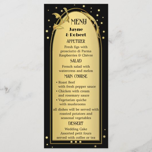 Chique goud zwart deco stijl bruiloft menu (Voorkant)