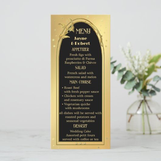 Chique goud zwart deco stijl bruiloft menu (Staand voorkant)