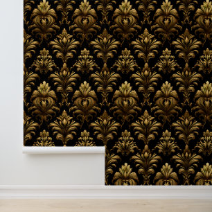 Chique goud zwart sierdamast schil en stok behang
