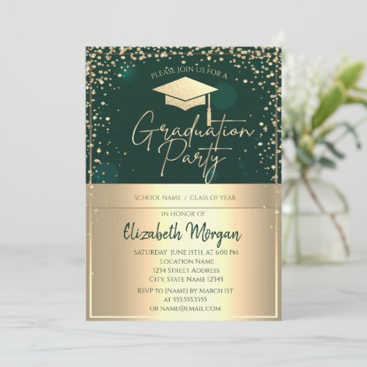Chique gouden Afstudeerders Pet, diamanten groen A Kaart (Staand voorkant)