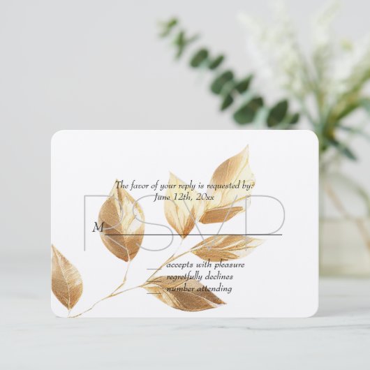 Chique gouden bladeren bruiloft RSVP (Staand voorkant)