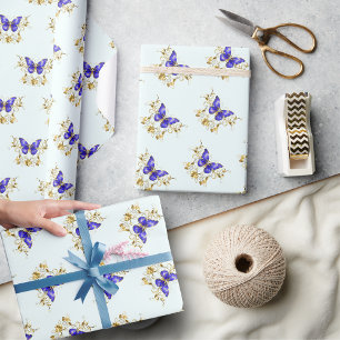 Chique Gouden Bloemen & blauwe vlinders monogram Cadeaupapier