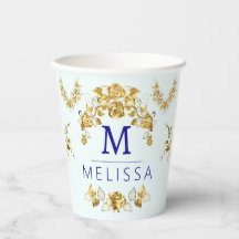Chique Gouden Bloemen & blauwe vlinders monogram