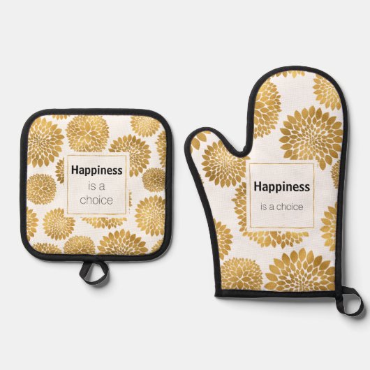 Chique gouden bloemen geluk ovenwant & pannenlap set (Voorkant)