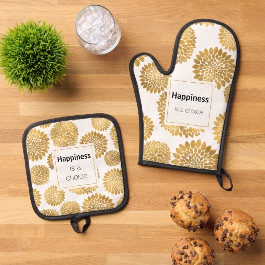 Chique gouden bloemen geluk ovenwant & pannenlap set (Top down)