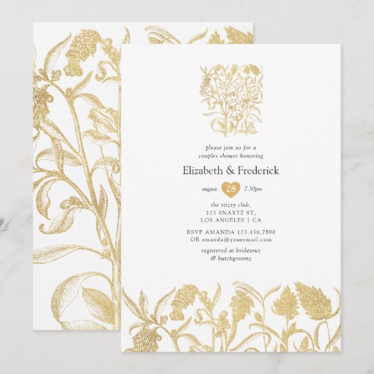 Chique gouden bloemen koppels douche kaart (Voorkant / Achterkant)