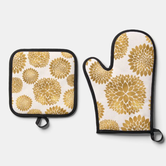 Chique gouden bloemen ovenwant & pannenlap set (Voorkant)
