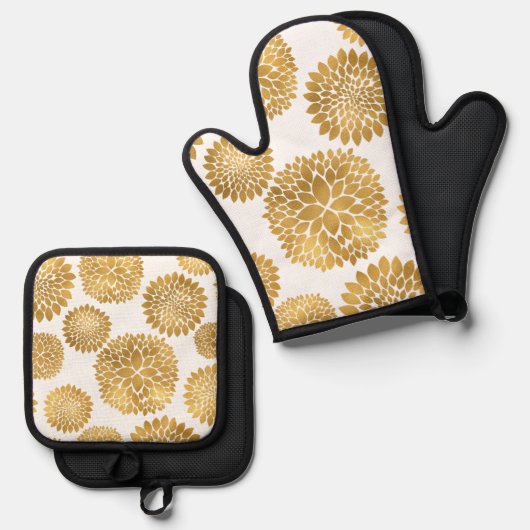 Chique gouden bloemen ovenwant & pannenlap set (Voorkant / Achterkant)