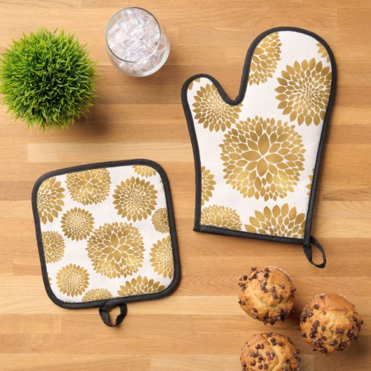Chique gouden bloemen ovenwant & pannenlap set (Top down)