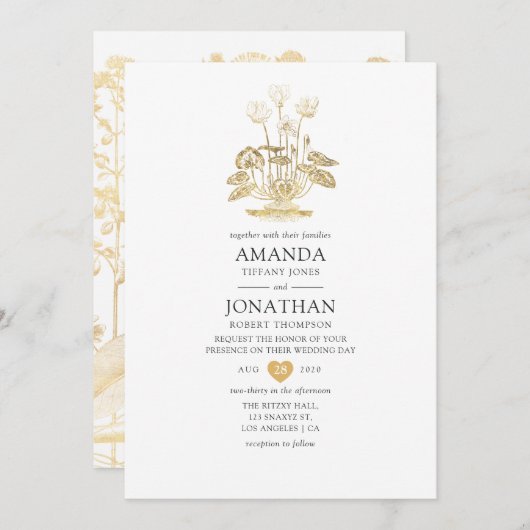 Chique gouden bloemenbruiloft kaart (Voorkant / Achterkant)