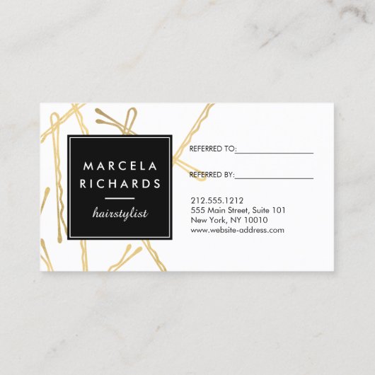 Chique gouden Bobby Pins Haar Salon Zwart Verwijzi Aanbevelingskaartje (Achterkant)