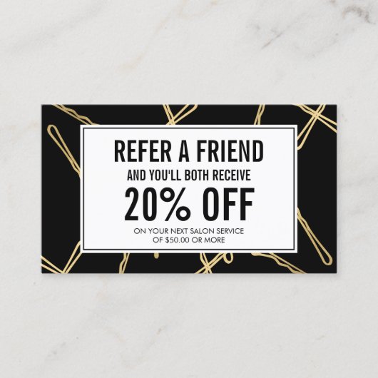 Chique gouden Bobby Pins Haar Salon Zwart Verwijzi Aanbevelingskaartje (Voorkant)