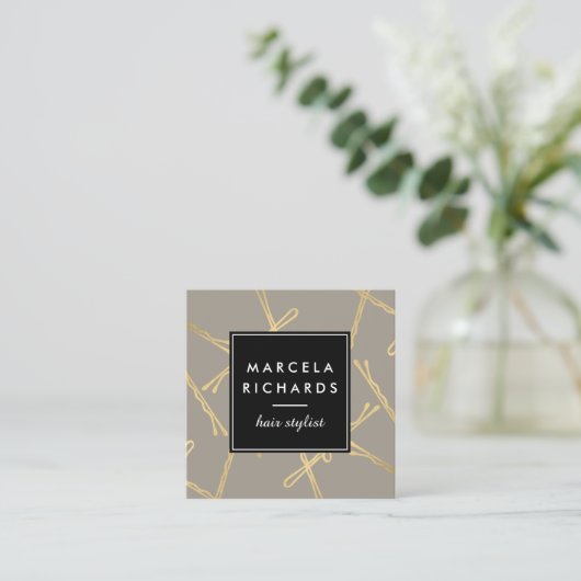 Chique gouden Bobby Pins Haar Stylist Salon Grijs Vierkante Visitekaartje (Staand voorkant)