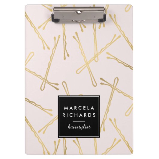 Chique gouden Bobby Pins Haar Stylist Salon Roze Klembord (Voorkant)