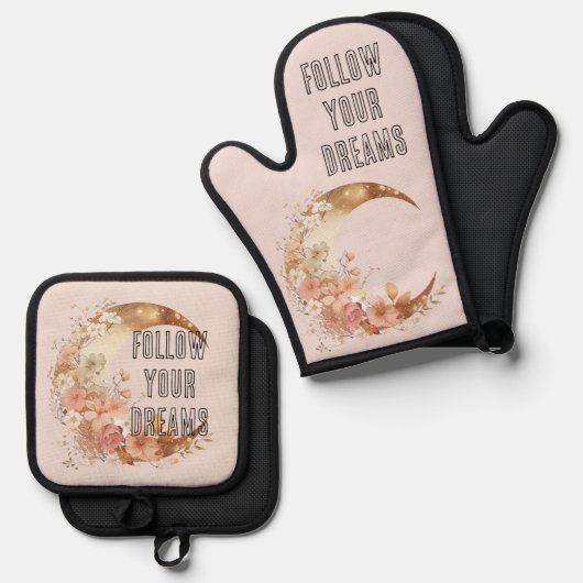 Chique gouden Boho Blush Roze Bloem Ovenwant & Pannenlap Set (Voorkant / Achterkant)