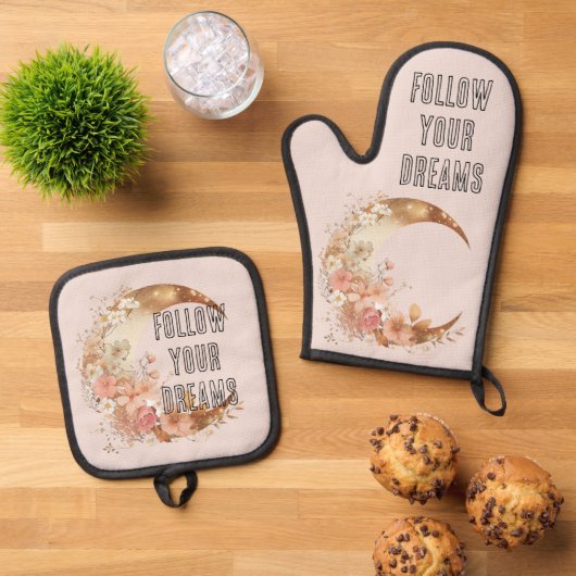 Chique gouden Boho Blush Roze Bloem Ovenwant & Pannenlap Set (Top down)