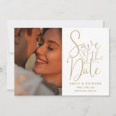 Chique gouden bruiloft 2 foto's elegante script save the date (Voorkant)