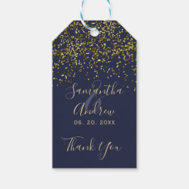 Chique gouden confetti navy blauw script bruiloft  cadeaulabel