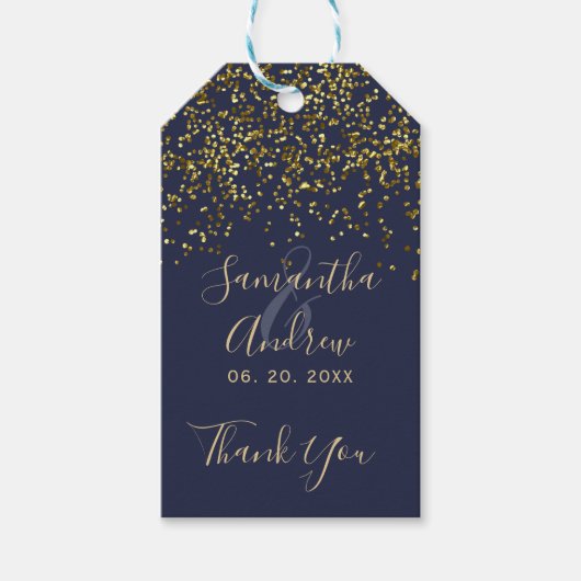 Chique gouden confetti navy blauw script bruiloft  cadeaulabel (Voorkant)