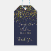 Chique gouden confetti navy blauw script bruiloft  cadeaulabel (Achterkant)