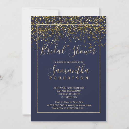 Chique gouden confetti navy blauw script vrijgezel kaart (Voorkant)