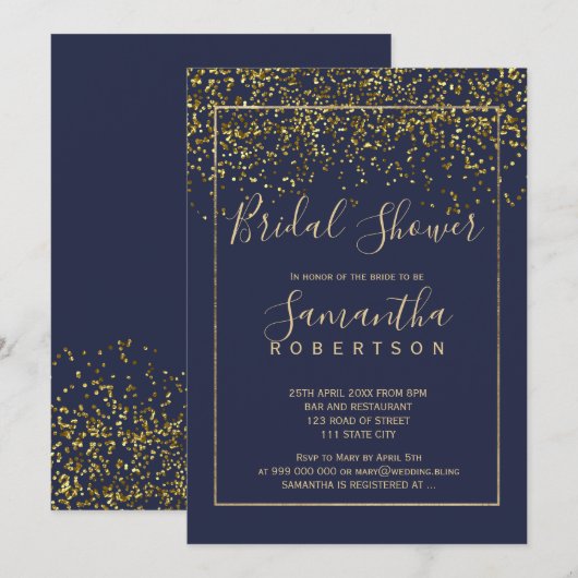 Chique gouden confetti navy blauw script vrijgezel kaart (Voorkant / Achterkant)
