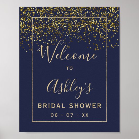 Chique gouden confetti navy blauwe bruidsontvangst poster (Voorkant)