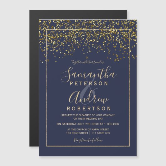 Chique gouden confetti navy blauwe typografie brui magnetische uitnodiging (Voorkant / Achterkant)