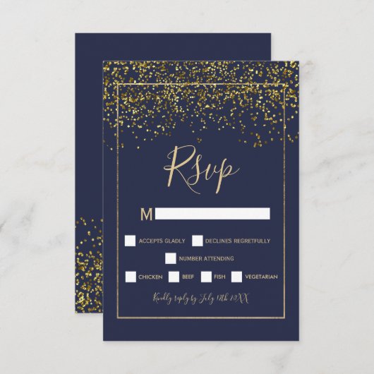 Chique gouden confetti navy blauwe typografie rsvp (Voorkant / Achterkant)