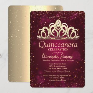 Chique Gouden Confetti Tiara Bourgondi Quinceañera Kaart
