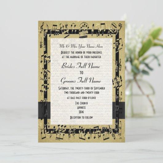 Chique gouden elegante muziekblad formele bruiloft kaart (Staand voorkant)