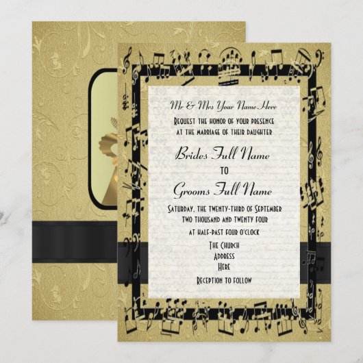 Chique gouden elegante muziekblad formele bruiloft kaart (Voorkant / Achterkant)