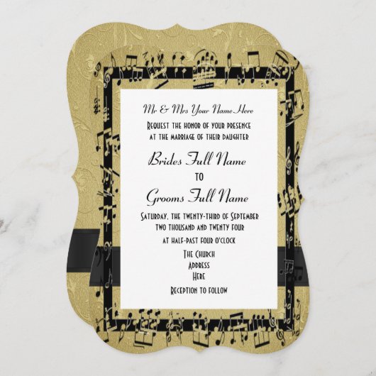 Chique gouden elegante muziekblad formele bruiloft kaart (Voorkant / Achterkant)