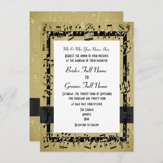 Chique gouden elegante muziekblad formele bruiloft kaart (Voorkant / Achterkant)