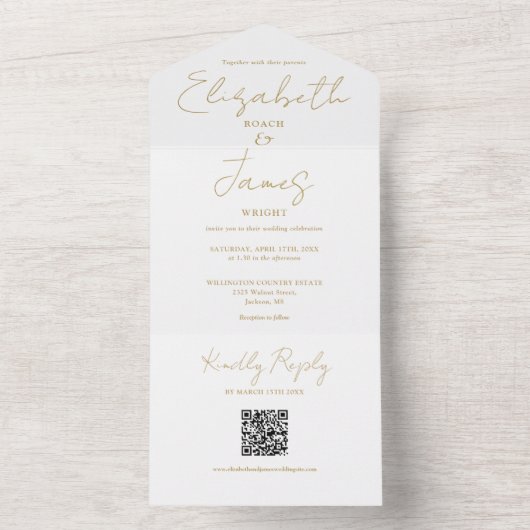 Chique gouden elegante script QR-code bruiloft All In One Uitnodiging (Binnen)