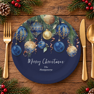 Chique gouden en blauwe kerstboomornamenten papieren bordje