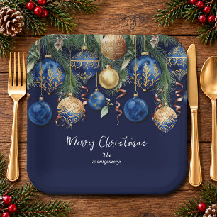 Chique gouden en blauwe kerstboomornamenten papieren bordje