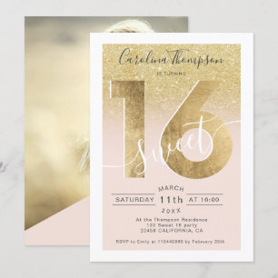 Chique gouden folie glitter script blush Sweet 16 Kaart