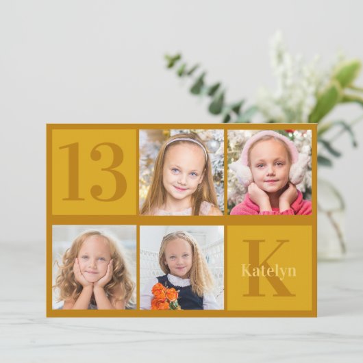 Chique gouden fotocollage verjaardagsfeestuitnodig kaart (Staand voorkant)