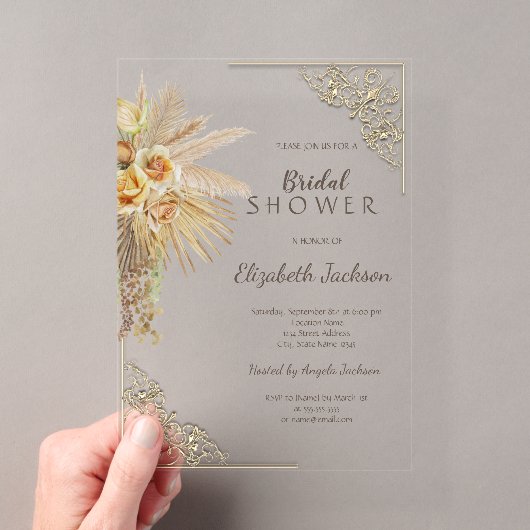 Chique Gouden Frame Boho Bloemen Bruidsdouche Acryl Uitnodigingen (Insitu (Draagbaar))