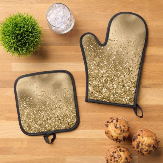 Chique Gouden Glam Glitzy Glitter Bruiloft Ovenwant & Pannenlap Set (Top down)