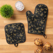 Chique gouden glam vlinders op zwart ovenwant & pannenlap set (Top down)