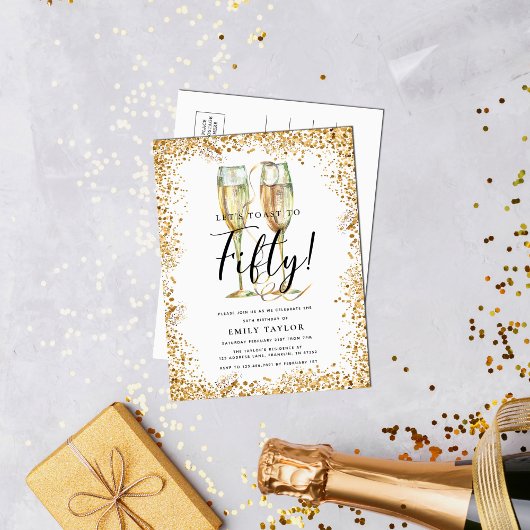 Chique gouden glitter 50ste verjaardagsfeestje uitnodiging briefkaart