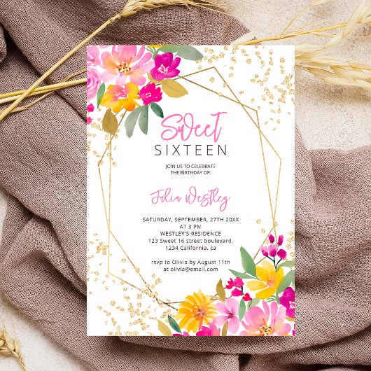 Chique gouden glitter bloemenfoto waterverf Sweet  Kaart