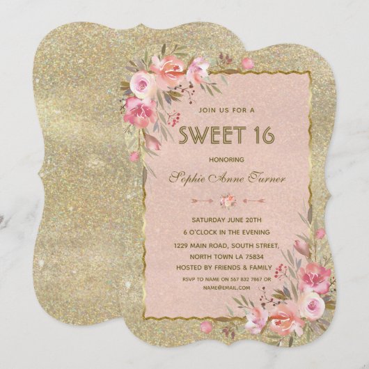 Chique Gouden Glitter Blush Bloemige Sweet Sixteen Kaart (Voorkant / Achterkant)