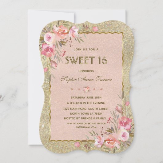 Chique Gouden Glitter Blush Bloemige Sweet Sixteen Kaart (Voorkant)