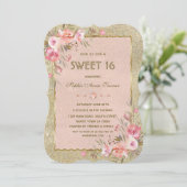 Chique Gouden Glitter Blush Bloemige Sweet Sixteen Kaart (Staand voorkant)