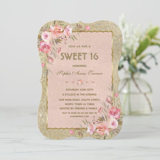 Chique Gouden Glitter Blush Bloemige Sweet Sixteen Kaart (Staand voorkant)